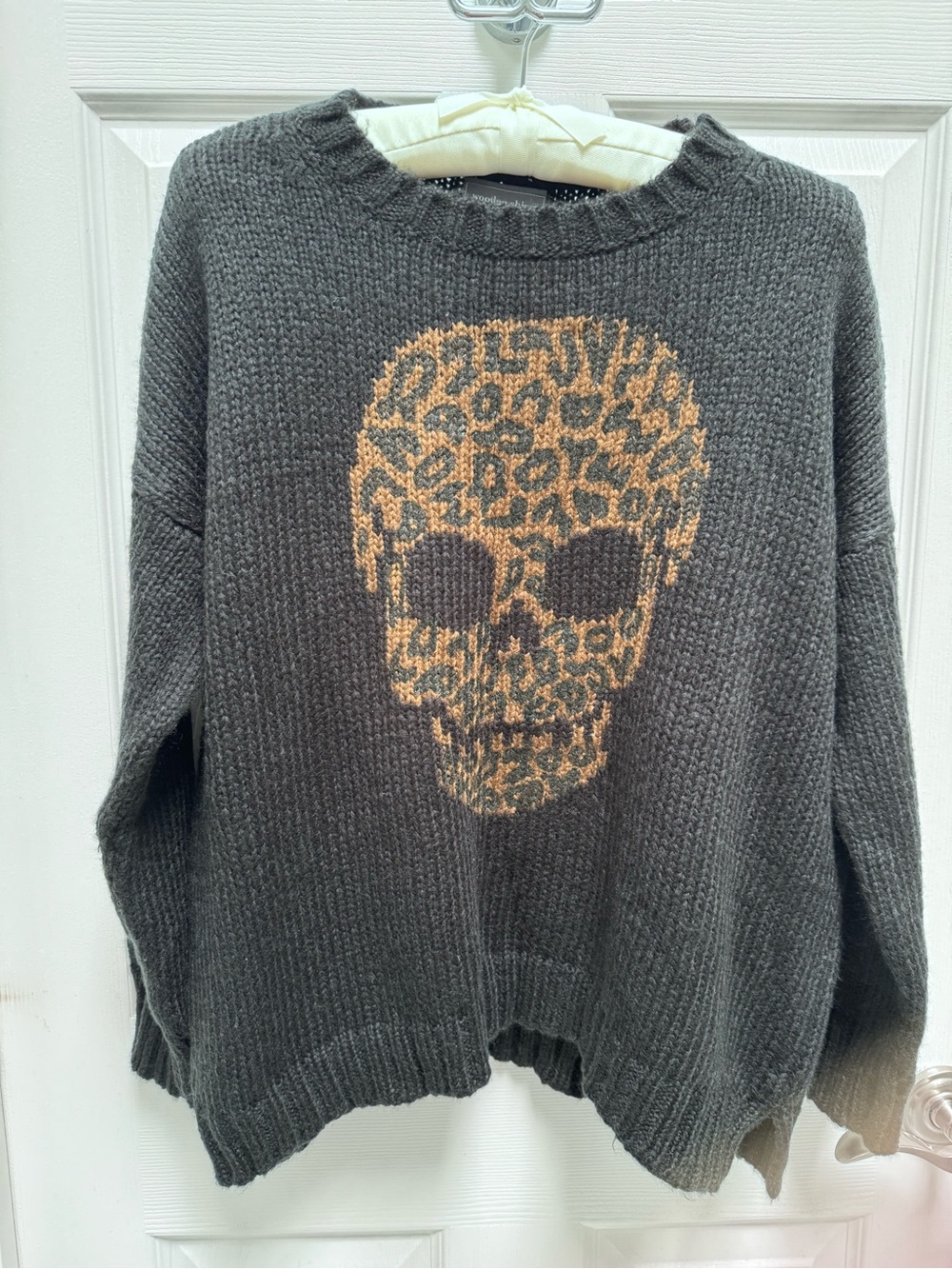 Wooden Ships Gray Knit Sweater with Tan Leopard Skull